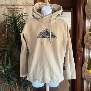 Columbia Tan Camo Mountain Logo Hoodie S | Neutral Fleece Pullover Gorpcore Cozy